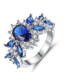 Classic Blossom Design U.S. Fashion Rhinestone Inlaid Women Banquet Wholesale Costume Ring - Blue