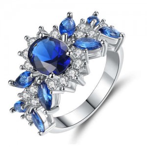 Classic Blossom Design U.S. Fashion Rhinestone Inlaid Women Banquet Wholesale Costume Ring - Blue