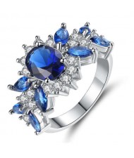 Classic Blossom Design U.S. Fashion Rhinestone Inlaid Women Banquet Wholesale Costume Ring - Blue