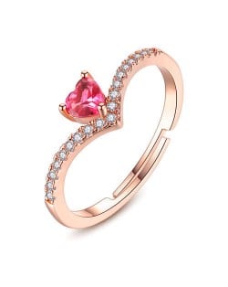 Red Heart Shape Stone Romantic Design Rhinestone Inlaid Women Wedding Ring