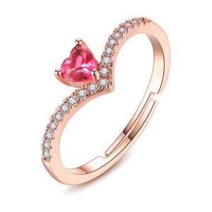 Red Heart Shape Stone Romantic Design Rhinestone Inlaid Women Wedding Ring