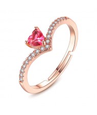 Red Heart Shape Stone Romantic Design Rhinestone Inlaid Women Wedding Ring