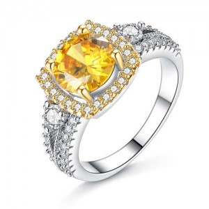 Square Yellow Stone Luxurious Design Rhinestone Surrounded Wholesale Costume Ring