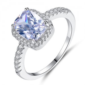 Classic Design Rhinestone Surround Oval Main Stone Women Big Wedding Fashion Ring - Silver