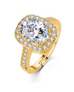 Classic Design Rhinestone Surround Oval Main Stone Women Big Wedding Fashion Ring - Golden