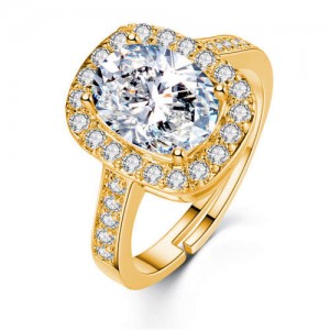 Classic Design Rhinestone Surround Oval Main Stone Women Big Wedding Fashion Ring - Golden