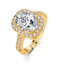 Classic Design Rhinestone Surround Oval Main Stone Women Big Wedding Fashion Ring - Golden