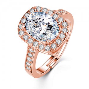 Classic Design Rhinestone Surround Oval Main Stone Women Big Wedding Fashion Ring - Rose Gold