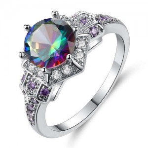 Violet and White Rhinestone Embellished Round Main Stone Women Luxurious Wholesale Costume Ring