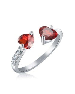 Glistening Rhinestone Twin Hearts Open-end Women Wedding Fashion Ring - Red