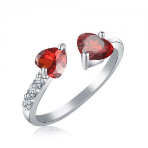 Glistening Rhinestone Twin Hearts Open-end Women Wedding Fashion Ring - Red