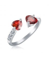 Glistening Rhinestone Twin Hearts Open-end Women Wedding Fashion Ring - Red