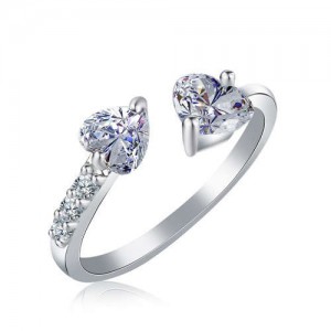 Glistening Rhinestone Twin Hearts Open-end Women Wedding Fashion Ring - White