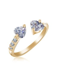Glistening Rhinestone Twin Hearts Open-end Women Wedding Fashion Ring - Golden