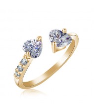 Glistening Rhinestone Twin Hearts Open-end Women Wedding Fashion Ring - Golden