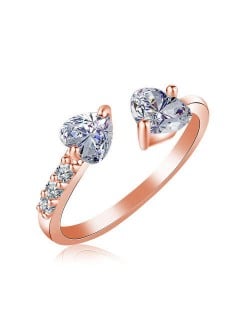 Glistening Rhinestone Twin Hearts Open-end Women Wedding Fashion Ring - Rose Gold
