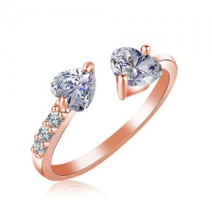 Glistening Rhinestone Twin Hearts Open-end Women Wedding Fashion Ring - Rose Gold