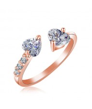 Glistening Rhinestone Twin Hearts Open-end Women Wedding Fashion Ring - Rose Gold