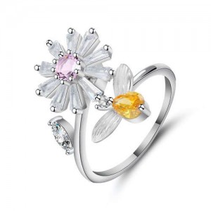 Sweet Flower and Bee Design Women Open-end Wholesale Costume Ring - Pink