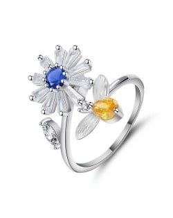 Sweet Flower and Bee Design Women Open-end Wholesale Costume Ring - Blue