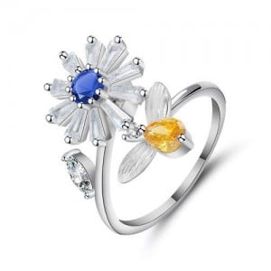 Sweet Flower and Bee Design Women Open-end Wholesale Costume Ring - Blue