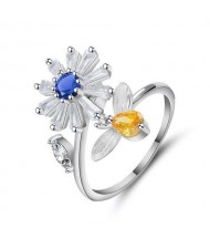 Sweet Flower and Bee Design Women Open-end Wholesale Costume Ring - Blue