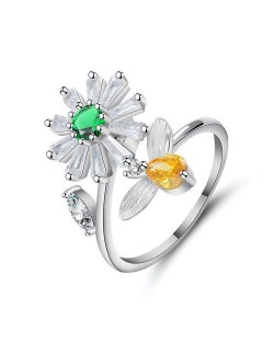 Sweet Flower and Bee Design Women Open-end Wholesale Costume Ring - Green