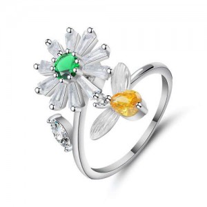 Sweet Flower and Bee Design Women Open-end Wholesale Costume Ring - Green