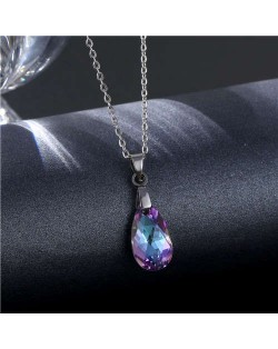 Korean Fashion Minimalist Glass Crystal Water Drop Pandent Stainless Steel Necklace - Amethyst