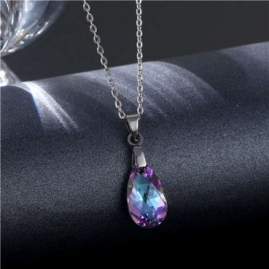 Korean Fashion Minimalist Glass Crystal Water Drop Pandent Stainless Steel Necklace - Amethyst