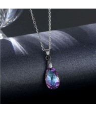 Korean Fashion Minimalist Glass Crystal Water Drop Pandent Stainless Steel Necklace - Amethyst