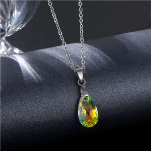 Korean Fashion Minimalist Glass Crystal Water Drop Pandent Stainless Steel Necklace - Luminous White