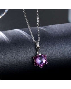 Korean Fashion Minimalist Glass Crystal Flower Shape Pandent Stainless Steel Necklace - Amethyst