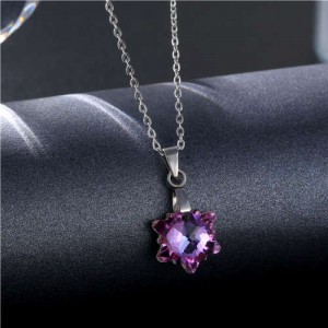 Korean Fashion Minimalist Glass Crystal Flower Shape Pandent Stainless Steel Necklace - Amethyst