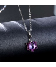 Korean Fashion Minimalist Glass Crystal Flower Shape Pandent Stainless Steel Necklace - Amethyst