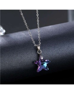 Korean Fashion Minimalist Glass Crystal Starfish Pandent Stainless Steel Necklace - Amethyst