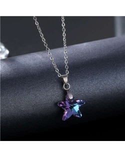 Korean Fashion Minimalist Glass Crystal Starfish Pandent Stainless Steel Necklace - Amethyst