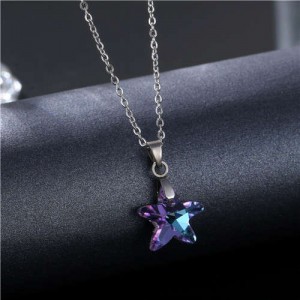 Korean Fashion Minimalist Glass Crystal Starfish Pandent Stainless Steel Necklace - Amethyst