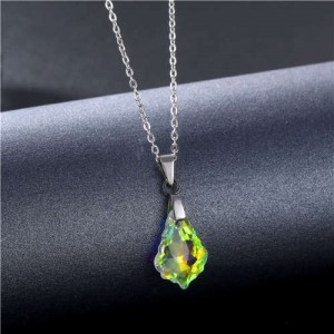 Korean Fashion Minimalist Glass Crystal Dress Shape Pandent Stainless Steel Necklace - Luminous White