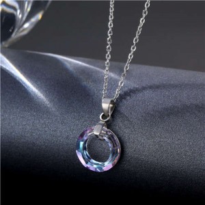 Korean Fashion Minimalist Glass Crystal Circle Pandent Stainless Steel Necklace - Amethyst