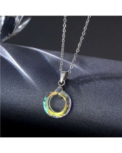Korean Fashion Minimalist Glass Crystal Circle Pandent Stainless Steel Necklace - Luminous White