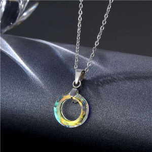 Korean Fashion Minimalist Glass Crystal Circle Pandent Stainless Steel Necklace - Luminous White