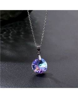 Korean Fashion Minimalist Glass Crystal Round Pandent Stainless Steel Necklace - Amethyst