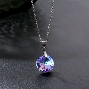 Korean Fashion Minimalist Glass Crystal Round Pandent Stainless Steel Necklace - Amethyst