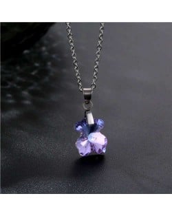 Korean Fashion Minimalist Glass Crystal Bear Pandent Stainless Steel Necklace - Amethyst