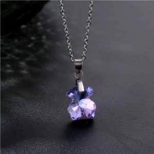 Korean Fashion Minimalist Glass Crystal Bear Pandent Stainless Steel Necklace - Amethyst
