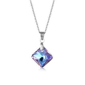 Korean Fashion Minimalist Glass Crystal Rhombus Pandent Stainless Steel Necklace - Purple