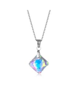 Korean Fashion Minimalist Glass Crystal Rhombus Pandent Stainless Steel Necklace - Luminous White