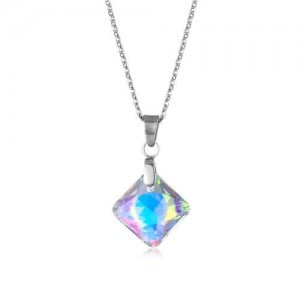 Korean Fashion Minimalist Glass Crystal Rhombus Pandent Stainless Steel Necklace - Luminous White