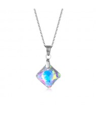 Korean Fashion Minimalist Glass Crystal Rhombus Pandent Stainless Steel Necklace - Luminous White